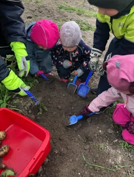 Tre barn leker med hver sin spade ute i sanden.