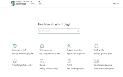 Forsiden p&aring; Nordreisa kommunes nye hjemmeside med s&oslash;kefelt og innganger til kommunens tjenester.