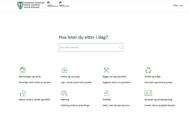 Forsiden p&aring; Nordreisa kommunes nye hjemmeside med s&oslash;kefelt og innganger til kommunens tjenester.